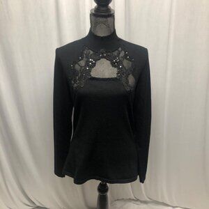 Venus Black Long Sleeve Sweater Womens Size Large Lace Sequin Detail Keyhole